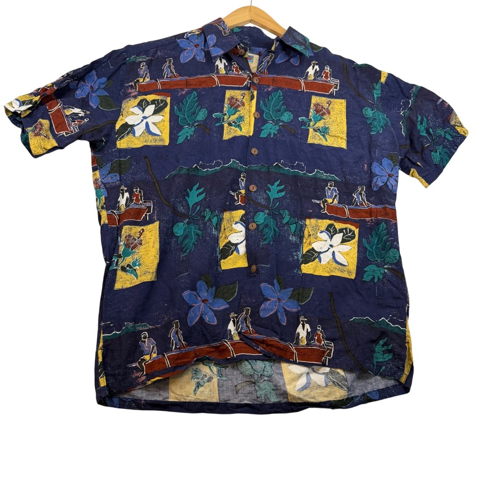 Kahala Avi Collection Mens L Navy Blue Hawaiian Canoe Print Button Down Shirt